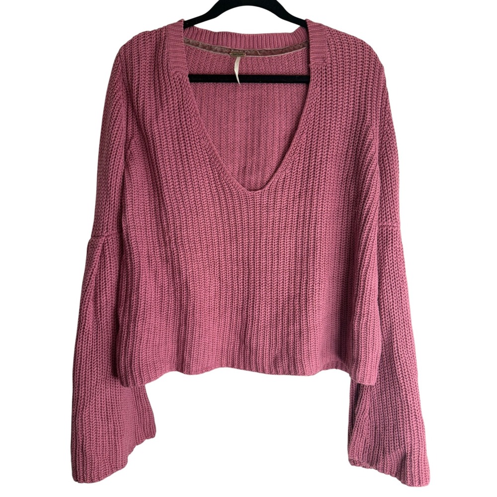 Free People Pink Cotton Ribbed V-Neck Bell Sleeve Chunky Knit Sweater Medium